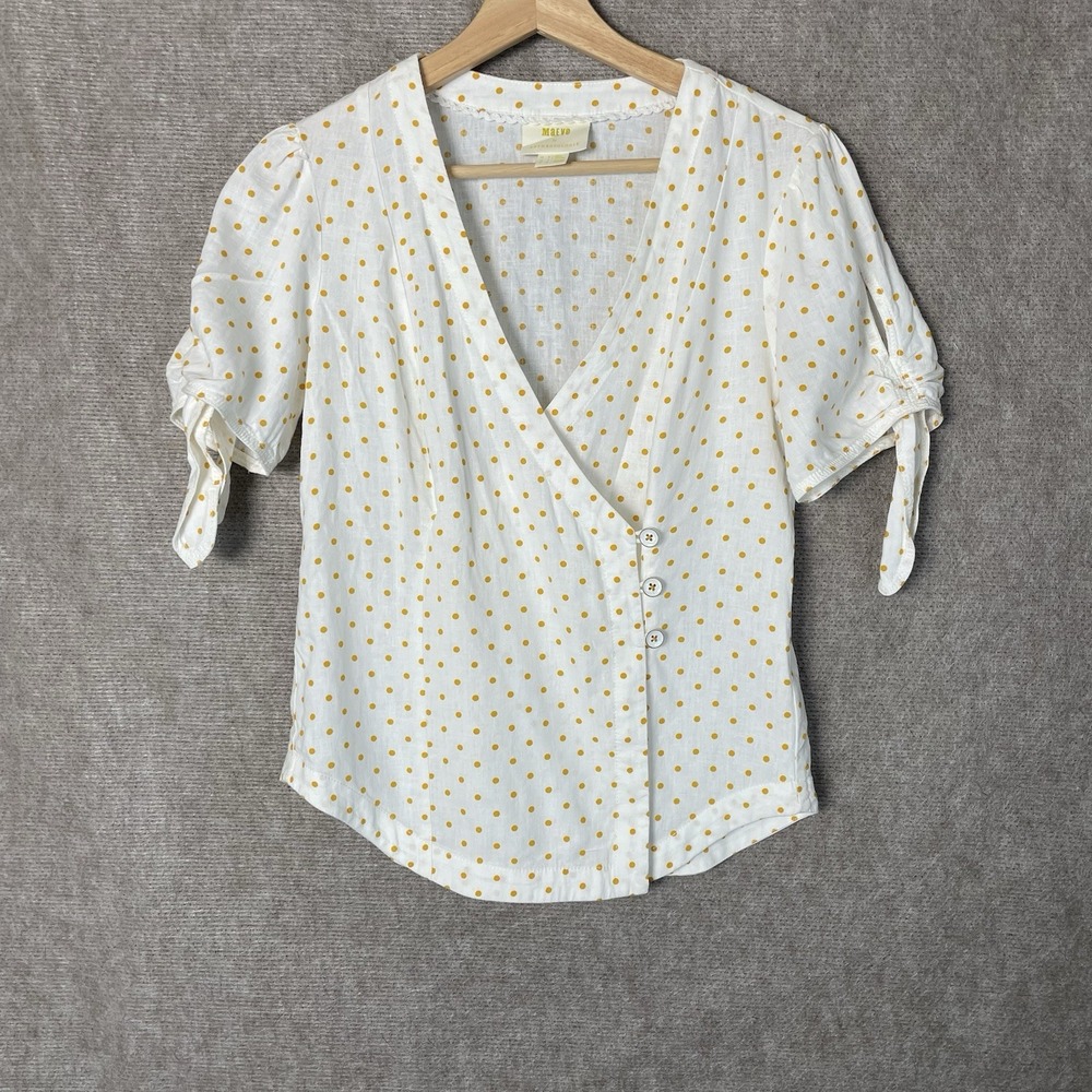 Maeve By Anthropologie Women's Blouse Size 2 White Yellow Polka Dot V Neck Top
